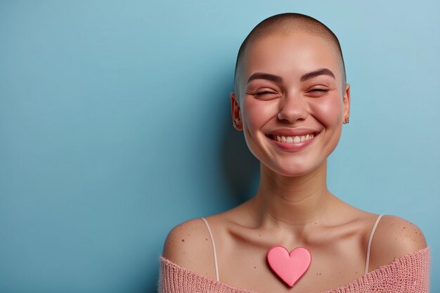 Mujer que tiene cáncer sonríe con esperanza en su corazón sobre un fondo azul