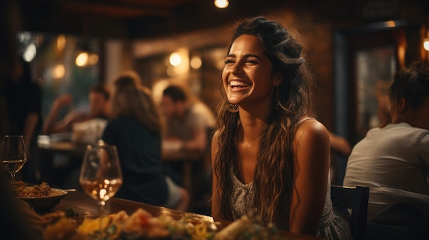 Una mujer que tiene momentos felices con sus amigos durante una cena en un café.