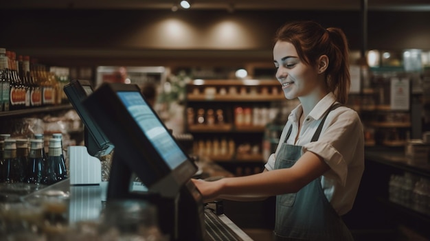 Una mujer que trabaja en una caja registradora en una tienda.