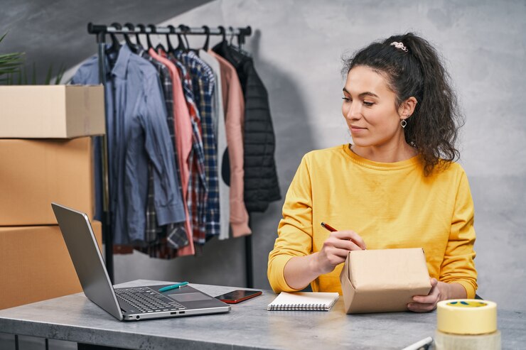 Foto mujer que trabaja desde casa enviando el paquete escribiendo la dirección en el paquete