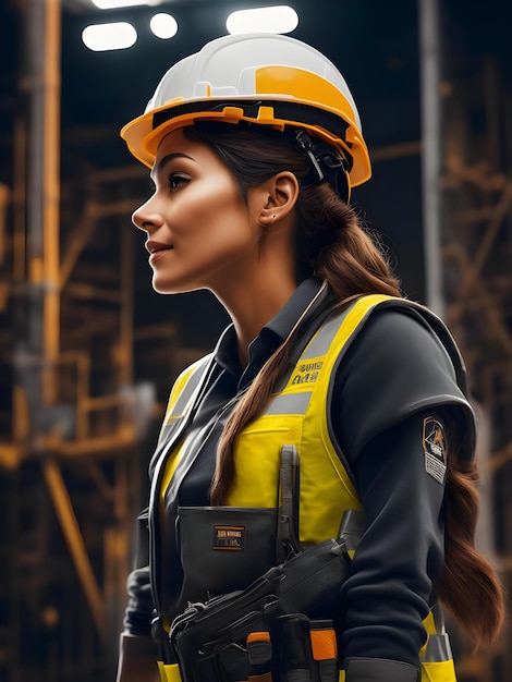 mujer que trabaja en un casco de construcción y chaleco de trabajo