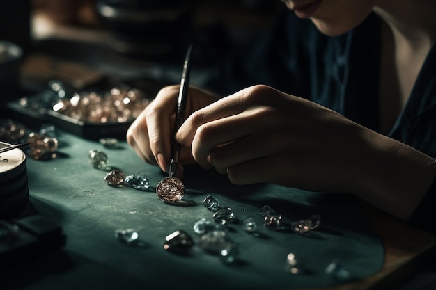 Una mujer que trabaja en un collar de perlas.