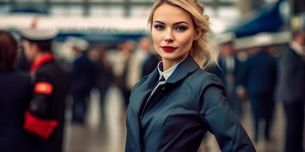 Mujer que trabaja como azafata en el fondo del aeropuerto Generativo ai