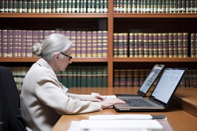 Una mujer que trabaja en una computadora portátil en una biblioteca Ai generativo