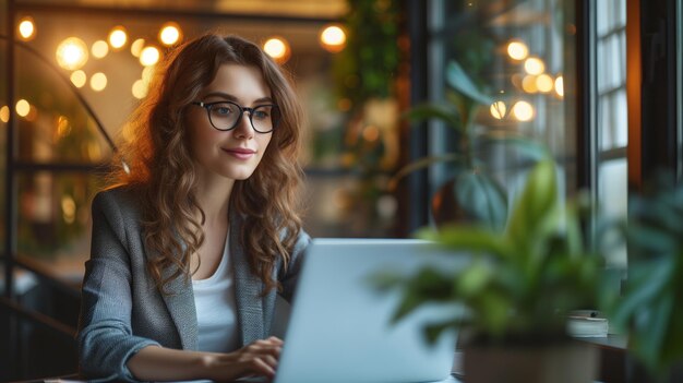 Mujer que trabaja con una computadora portátil en la oficina Mujer joven y hermosa con ropa casual usando una computadora portable con un fondo borroso de hoja verde