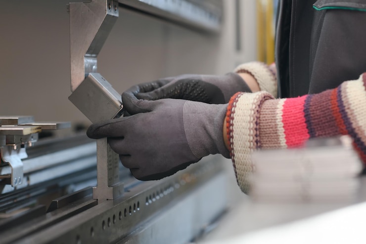 Foto mujer que trabaja en una fábrica moderna y prepara material para una máquina cnc. . foto de alta calidad