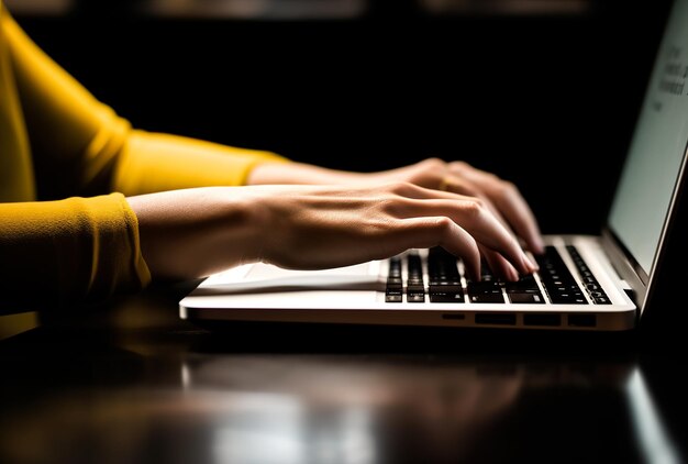 Mujer que trabaja de forma remota frente a una computadora portátil en la oficina de su casa Primer plano de las manos y el teclado