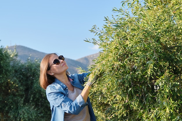 Mujer que trabaja en el jardín de los olivos