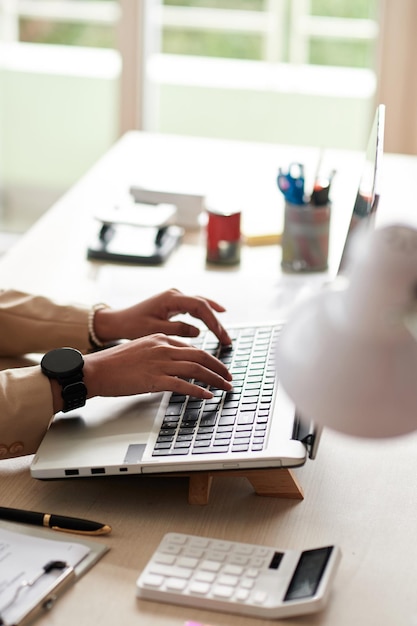 Mujer que trabaja en línea en la computadora portátil