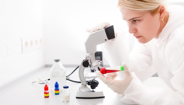 Mujer que trabaja con un microscopio en el laboratorio