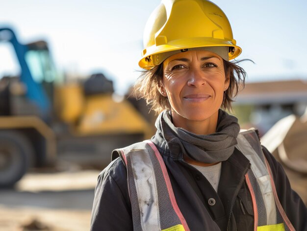 mujer que trabaja en un sitio de construcción casco de construcción y chaleco de trabajo sonriendo de mediana edad o mayor