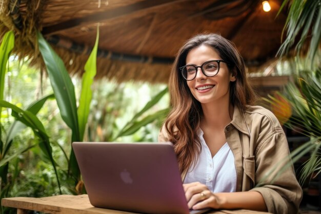 Mujer que trabaja con su computadora al aire libre