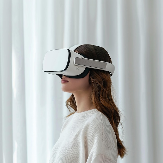 una mujer que usa un auricular de realidad virtual está usando un aurículo de realidad virtual