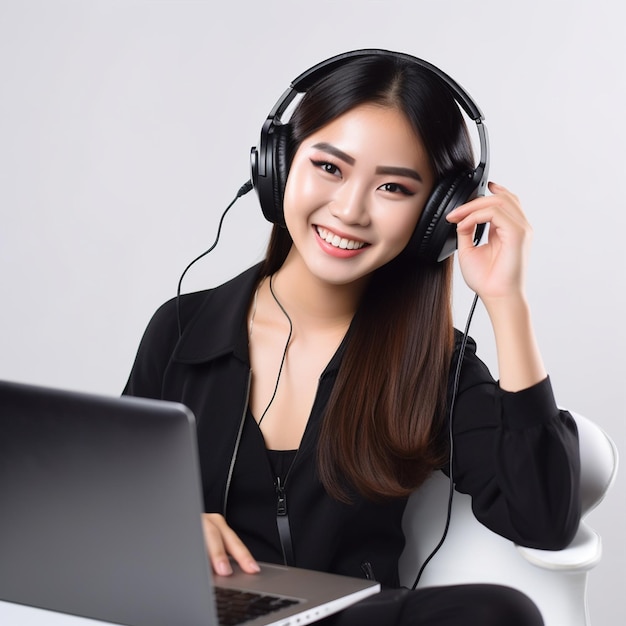 Una mujer que usa auriculares con una computadora portátil en su computadora portátil.