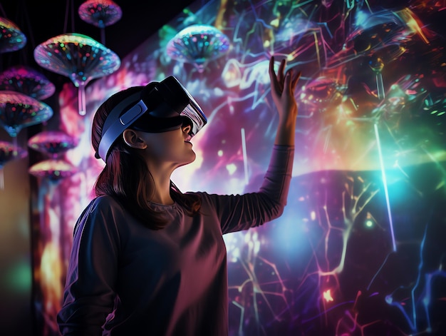 Mujer que usa auriculares de realidad virtual mirando a su alrededor en una exposición de tecnología interactiva con iluminación de luz de proyector multicolor