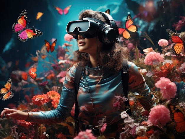Una mujer que usa auriculares VR mundo surrealista y campos de flores coloridos de realidad virtual y un enjambre de mariposas IA generativa
