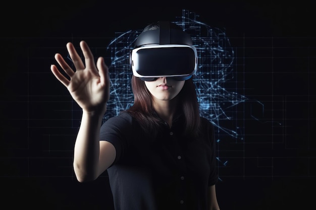 una mujer que usa un casco de realidad virtual que toca el objeto virtual en un fondo oscuro