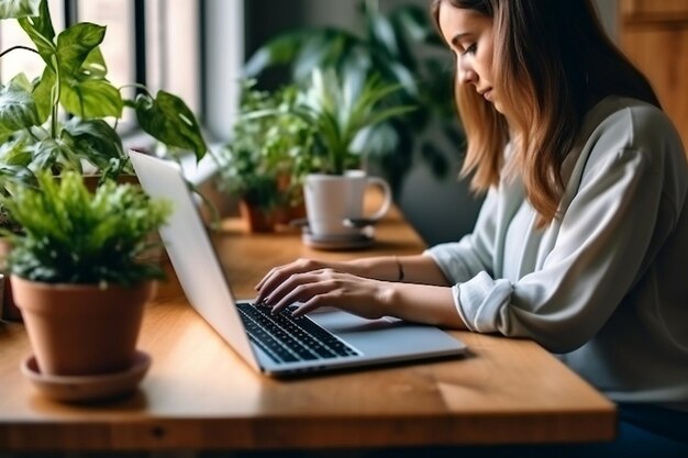 Una mujer que usa una computadora portátil para navegar y buscar en la web Generative Ai