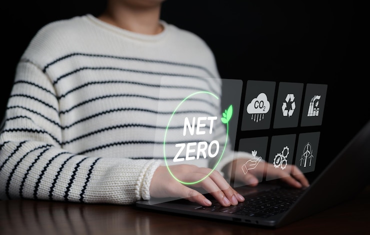 Foto mujer que usa una computadora portátil trabajando con iconos de net zero estrategia a largo plazo neutral climática descarbonización sostenibilidad objetivo de emisiones de gases de efecto invernadero reducir la huella de carbono reciclar energía