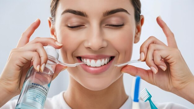 Foto mujer que usa un enjuague bucal para enjuagar la boca y la salud dental higiene bucal y cuidado de los dientes