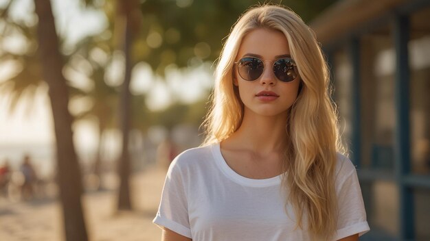 una mujer que usa gafas de sol está usando una camiseta blanca y una tee blanca