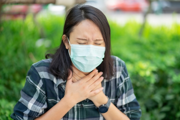 La mujer que usa una máscara facial protege el filtro contra la contaminación del aire (PM2.5) o usa N95