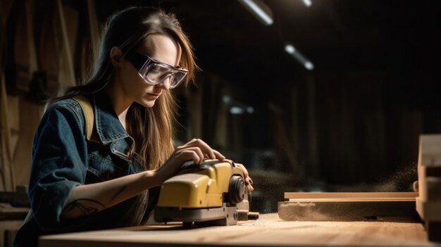 Una mujer que usa una sierra para cortar madera