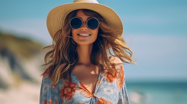 Una mujer que usa un sombrero de sol y gafas de sol está usando un Sombrero de Sol.