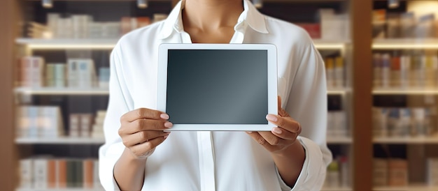 Mujer que usa tableta digital para comunicarse con compras en línea y trabajar en casa u oficina con área vacía