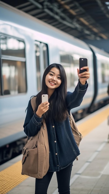 Mujer que viaja con el subterráneo en la ciudad