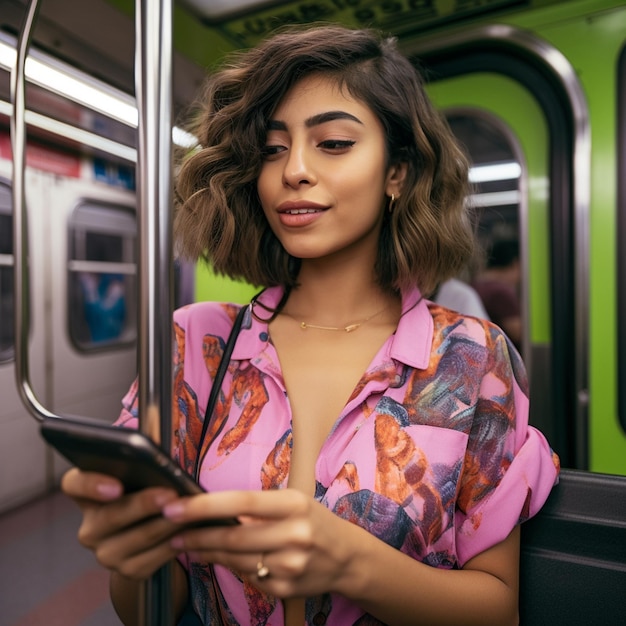 Mujer que viaja con el subterráneo en la ciudad