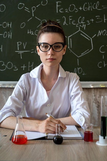 Mujer química haciendo experimentos y mirando líquidos coloreados en matraz, contra pizarra en clase