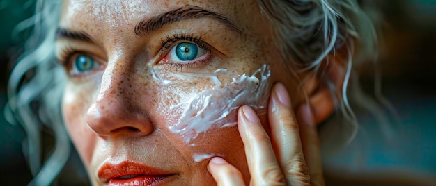 Una mujer radiante se aplica crema hidratante para el rostro
