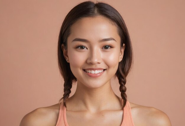 Una mujer radiante con el cabello trenzado y una sonrisa radiante con una camiseta deportiva rosa claro