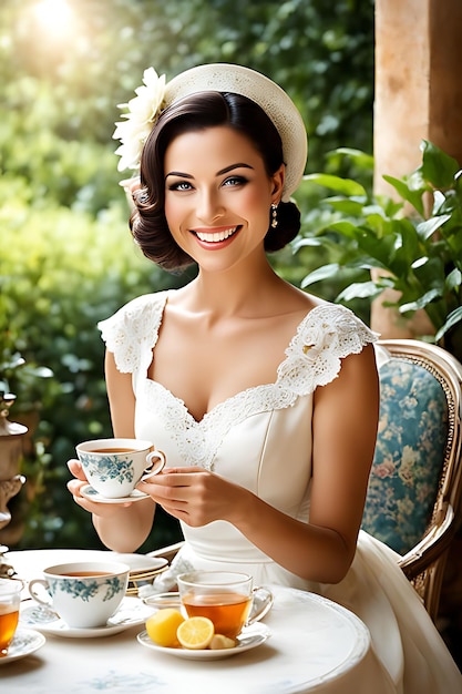 Una mujer radiante disfrutando de una sesión de té en un entorno sereno