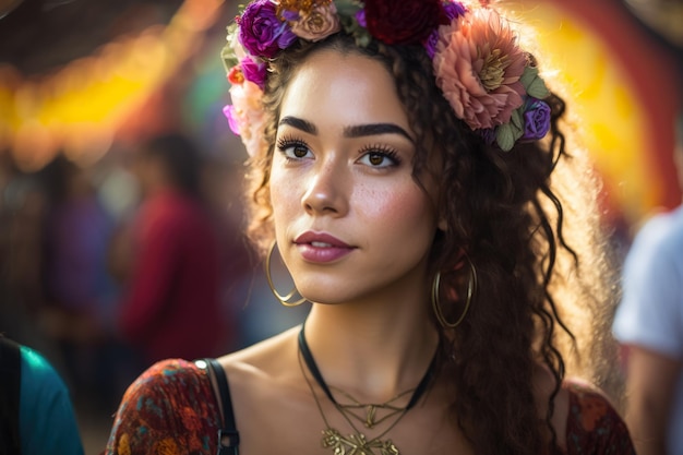 Mujer radiante en un festival de música con una corona de flores y un colorido atuendo bohemio