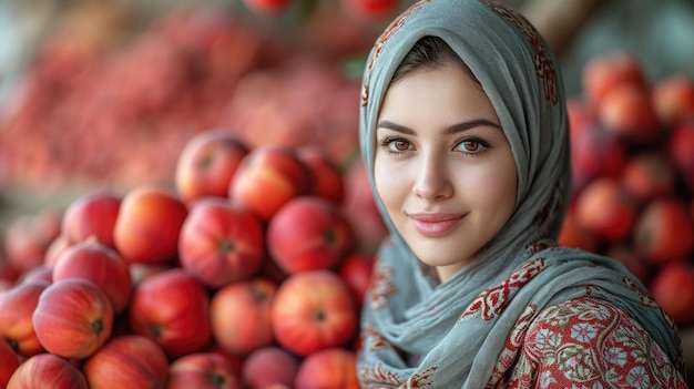 Mujer radiante con manzanas frescas celebrando el festival Nowruz