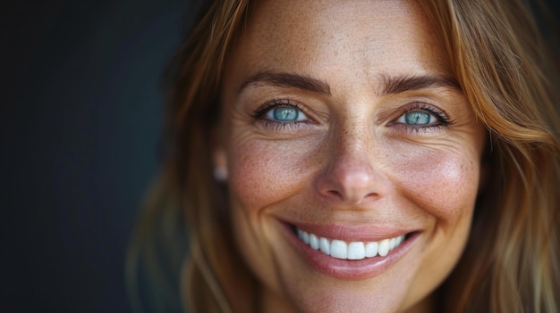 Mujer radiante con ojos oceánicos y una sonrisa soleada
