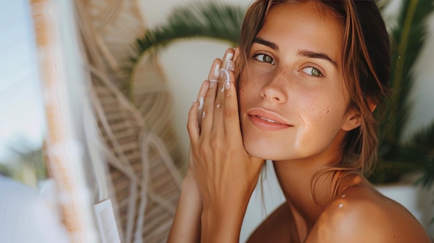 Mujer radiante con piel brillante en medio del follaje tropical sonriendo suavemente