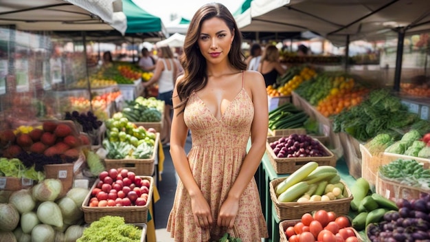 Foto una mujer radiante rodeada de abundantes frutas y verduras en el mercado