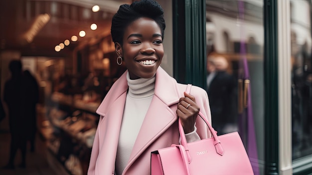 Una mujer radiante sale de una boutique de lujo con un bolso rosa animado y pura alegría