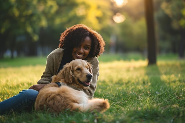 Una mujer radiante y su golden retriever comparten un abrazo amoroso