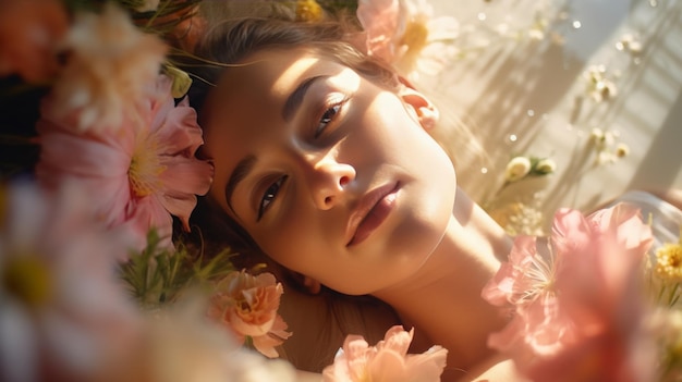 Mujer con un ramo de flores delante de su cara