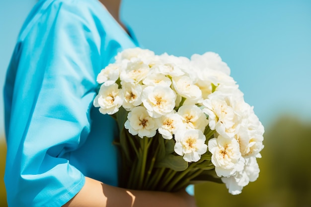 Una mujer con un ramo de flores en las manos.