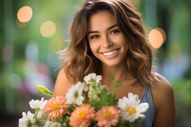 Una mujer con un ramo de flores