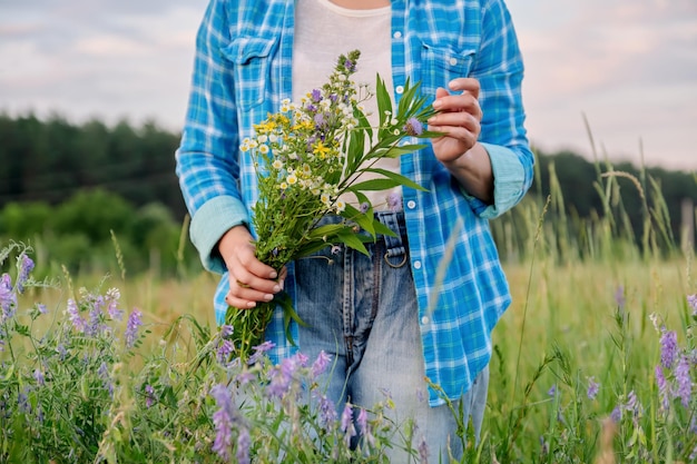 Mujer con ramo de hierbas y flores de campo tocando plantas florecientes en el campo de verano