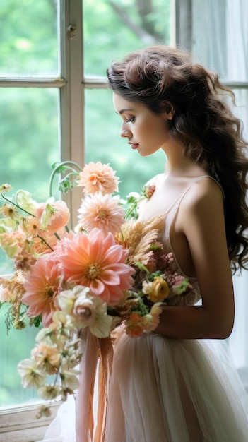 Mujer y un ramo de novia en tonos rosas y naranjas.