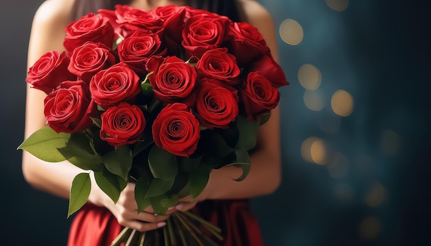 mujer con un ramo de rosas rojas concepto del día de San Valentín