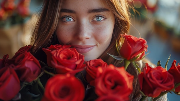 Mujer con un ramo de rosas rojas