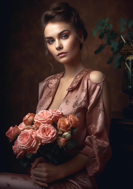 Una mujer con un ramo de rosas